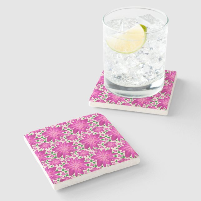 Hot Pink Floral Seamless Pattern Stone Coaster (Side)