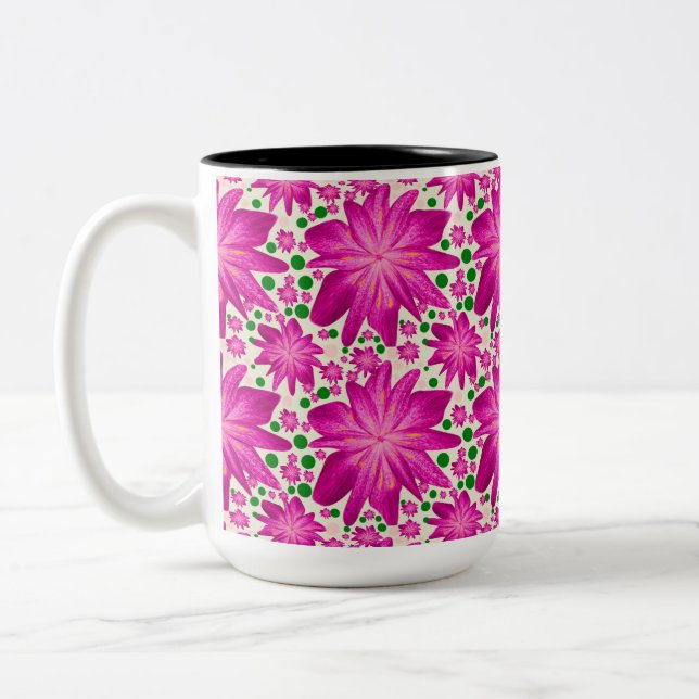 Hot Pink Floral Seamless Pattern  Two-Tone Coffee Mug (Left)