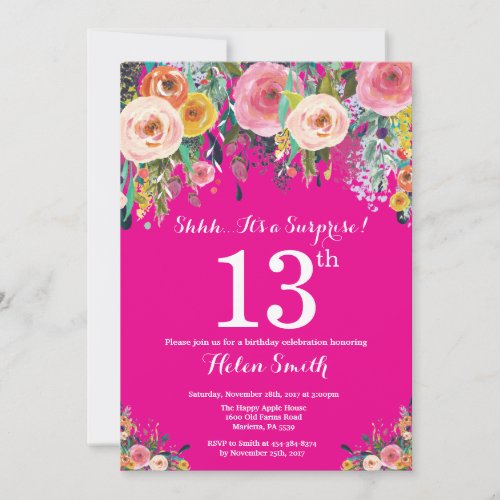 Hot Pink Floral Surprise 13th Birthday Invitation