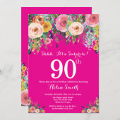 Hot Pink Floral Surprise 90th Birthday Invitation (Front/Back)
