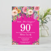 Hot Pink Floral Surprise 90th Birthday Invitation (Standing Front)