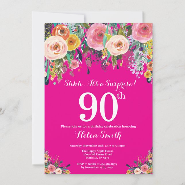 Hot Pink Floral Surprise 90th Birthday Invitation (Front)