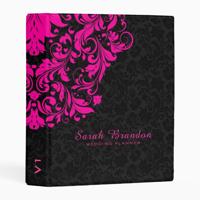 Hot Pink Floral Swirl Black Damasks Mini Binder (Front/Spine)
