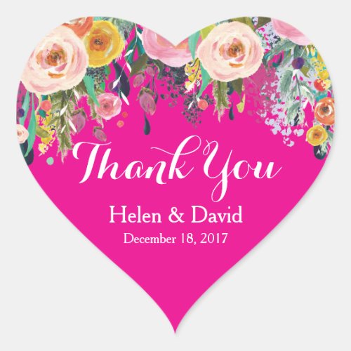 Hot Pink Floral Thank You Wedding Favour Stickers