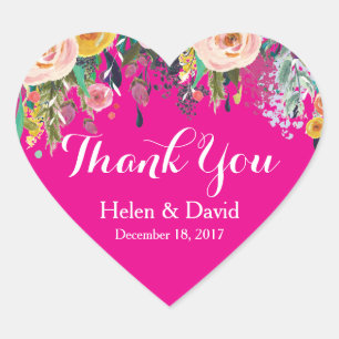 Hot Pink Floral Thank You Wedding Favour Stickers
