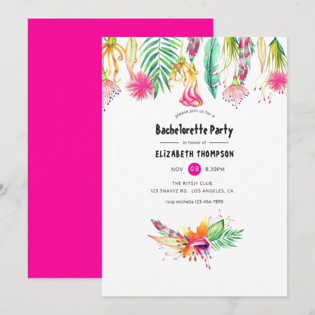Hot-Pink Floral Tropical Summer Bachelorette Party Invitation (Front/Back)