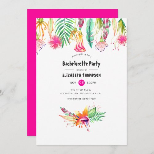 Hot_Pink Floral Tropical Summer Bachelorette Party Invitation
