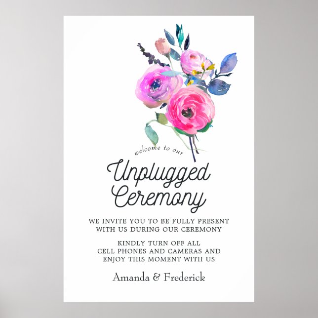Hot-Pink Floral Unplugged Ceremony Poster (Front)