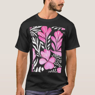 Hot Pink Floral Watercolor Pattern With Black Hues T-Shirt