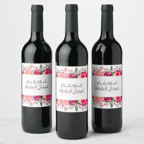 Hot Pink Floral Watercolor Wedding Wine Label