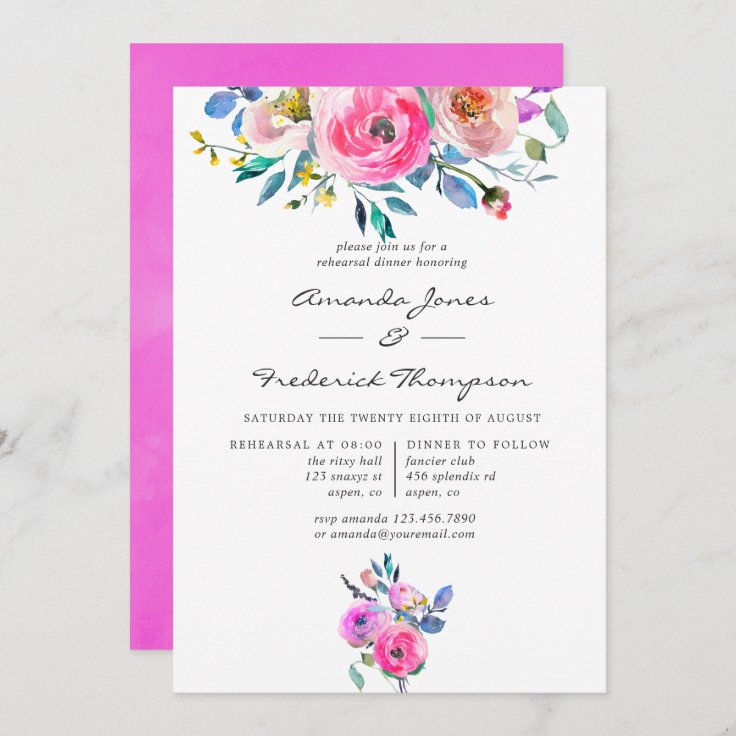 Hot-Pink Floral Wedding Rehearsal Dinner Invitation | Zazzle