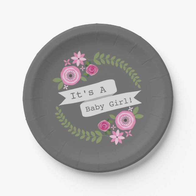 Hot Pink Floral Wreath Baby Shower Paper Plates (Front)