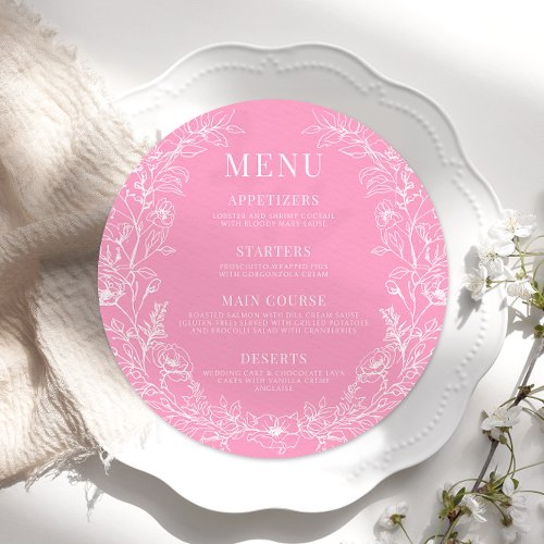 Hot pink floral wreath retro round Menu Card Plate