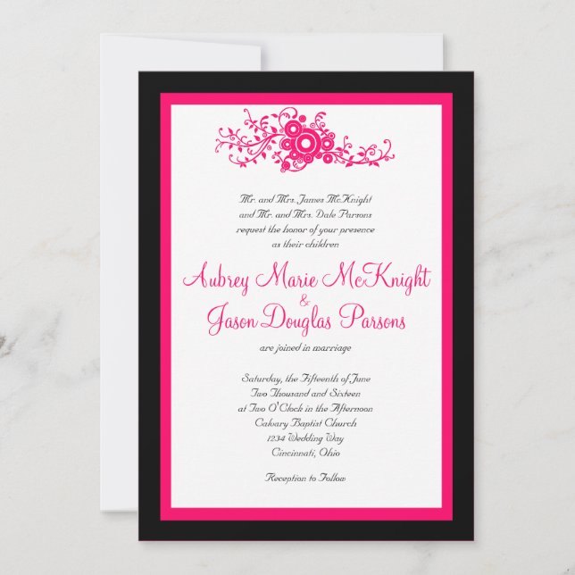 Hot Pink Flourish Black White Wedding Invitations (Front)
