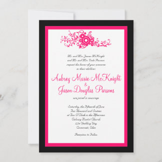 Hot Pink Flourish Black White Wedding Invitations