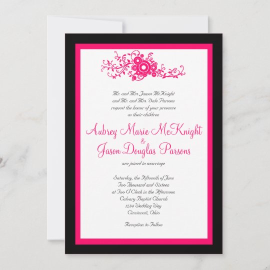 Hot Pink Flourish Black White Wedding Invitations | Zazzle.com