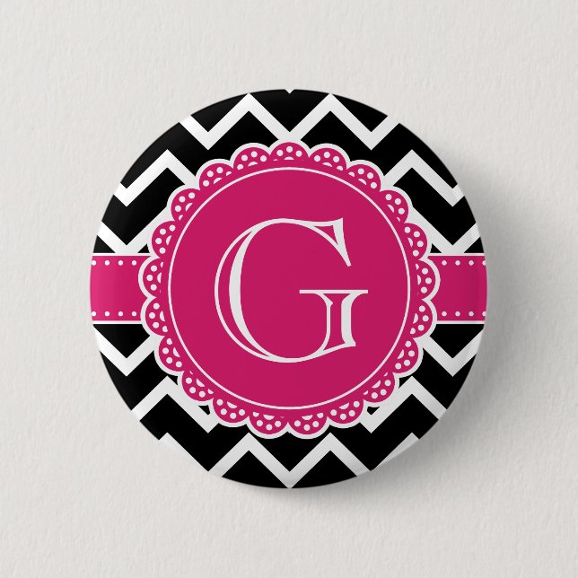 Hot Pink Flower Monogram Black Chevron Button (Front)