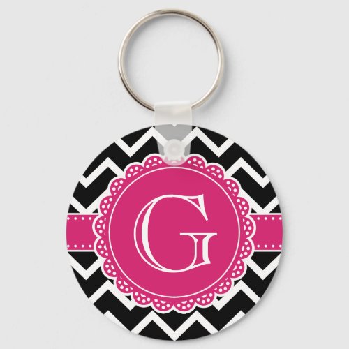 Hot Pink Flower Monogram Black Chevron Keychain