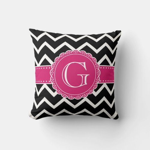 Hot Pink Flower Monogram Black Chevron Throw Pillow