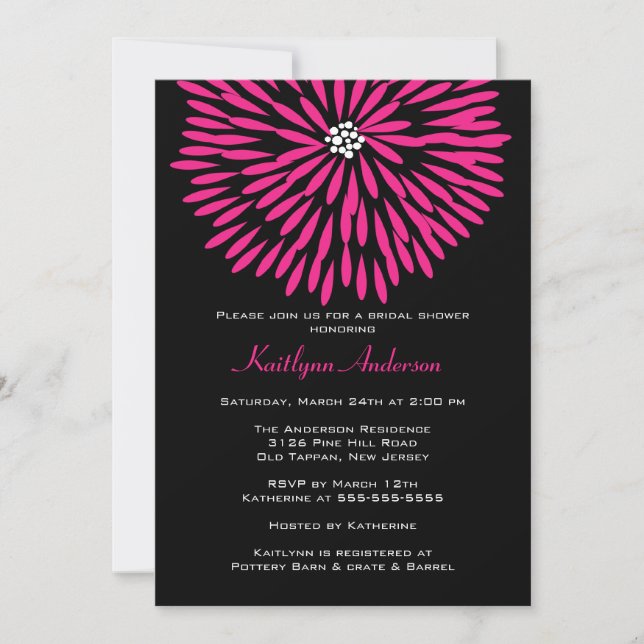 Hot Pink Flower on Black Bridal Shower Invitation (Front)