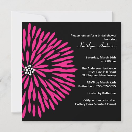 Hot Pink Flower on Black Bridal Shower Invitation