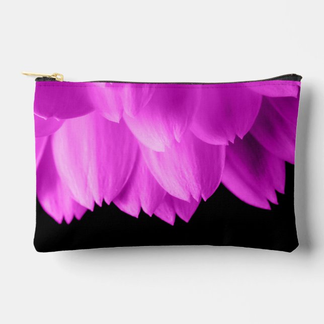 Hot pink flower petals on black accessory pouch (Front)