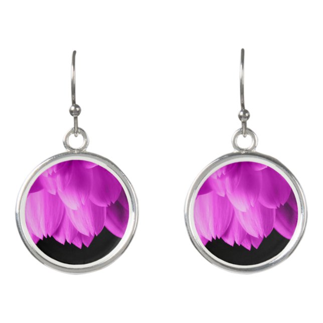 Hot pink flower petals on black earrings (Front)