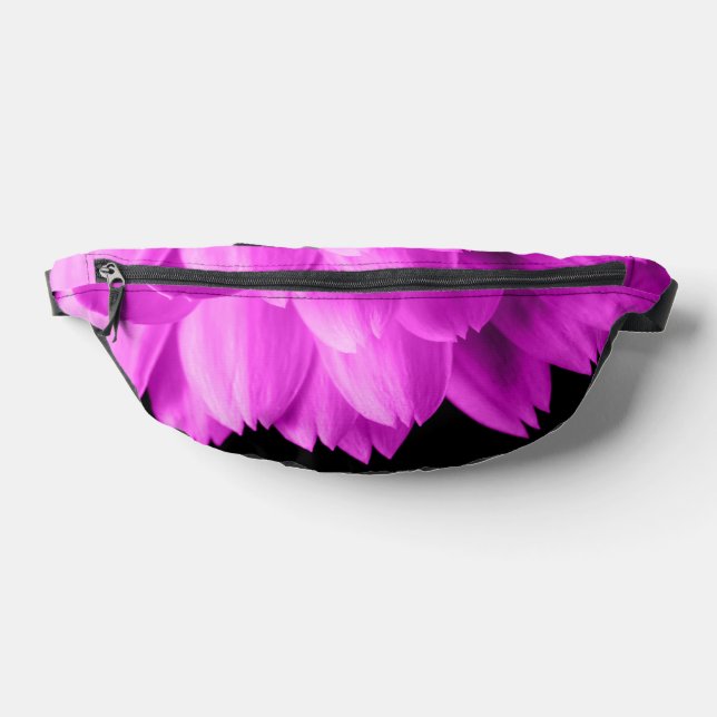 Hot pink flower petals on black fanny pack (Lay Down)