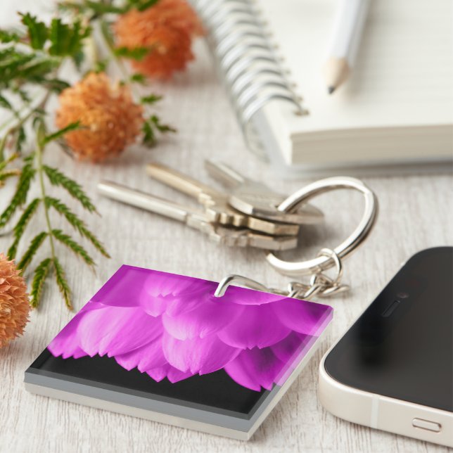 Hot pink flower petals on black keychain (Front Right)