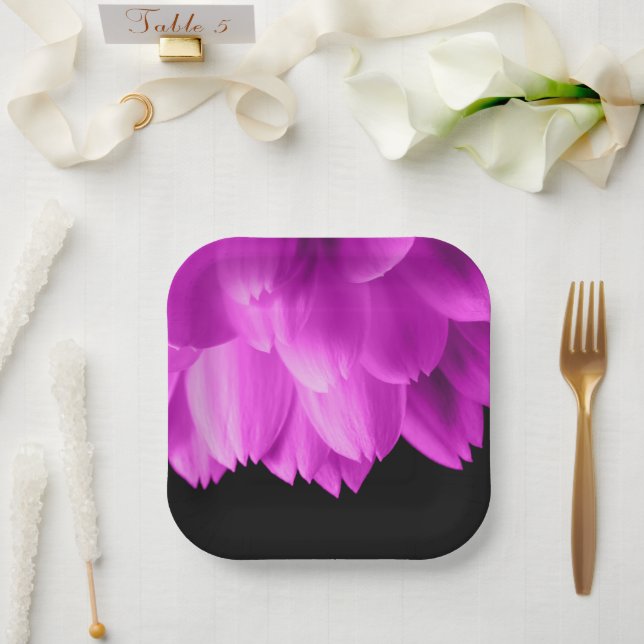 Hot pink flower petals on black paper plates (Wedding)