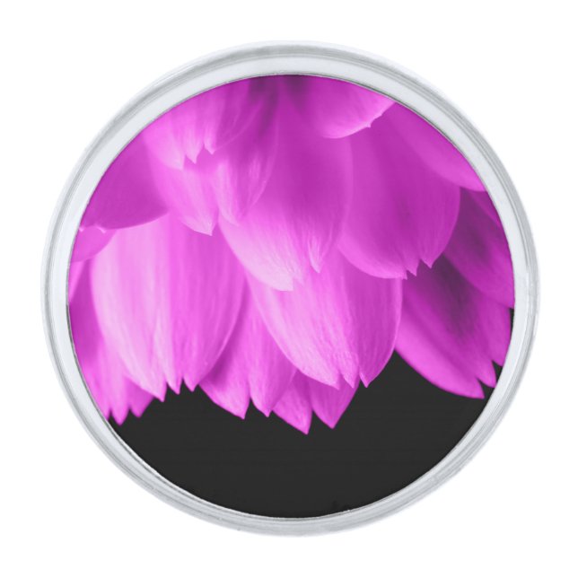 Hot pink flower petals on black silver finish lapel pin (Front)