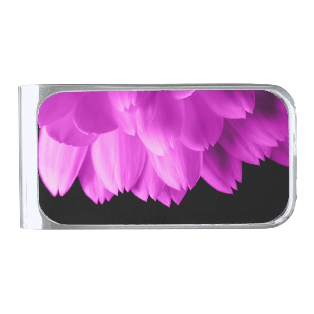 Hot pink flower petals on black silver finish money clip (Front)