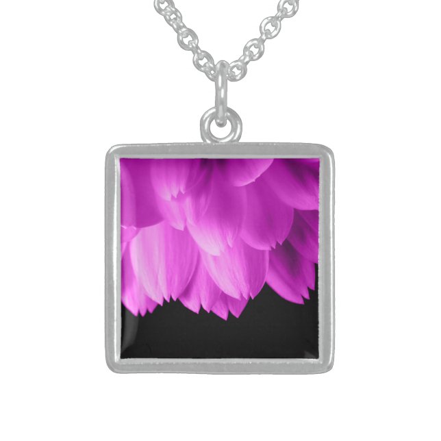 Hot pink flower petals on black sterling silver necklace (Front)