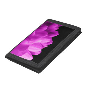 Hot pink flower petals on black tri-fold wallet