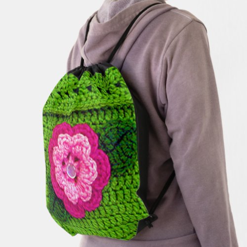 Hot Pink Flower Spring Green Artisan Crochet Print Drawstring Bag