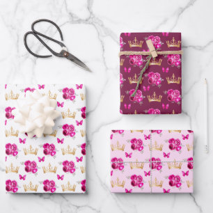 Hot Pink Flowers and Gold Crowns Wrapping Paper Sheets