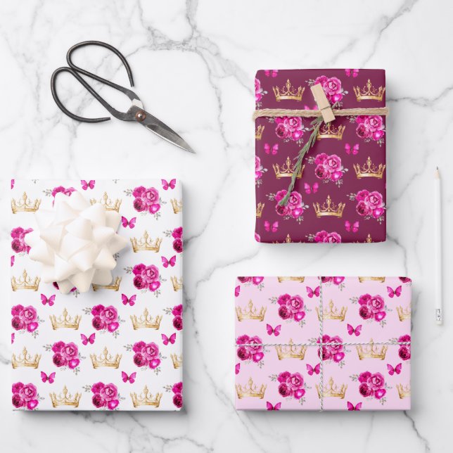 Hot Pink Flowers and Gold Crowns Wrapping Paper Sheets (Front)