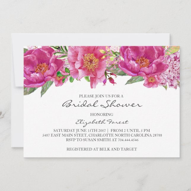 Hot pink flowers  bridal shower invitation (Front)