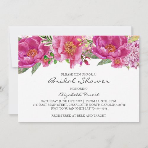 Hot pink flowers  bridal shower invitation