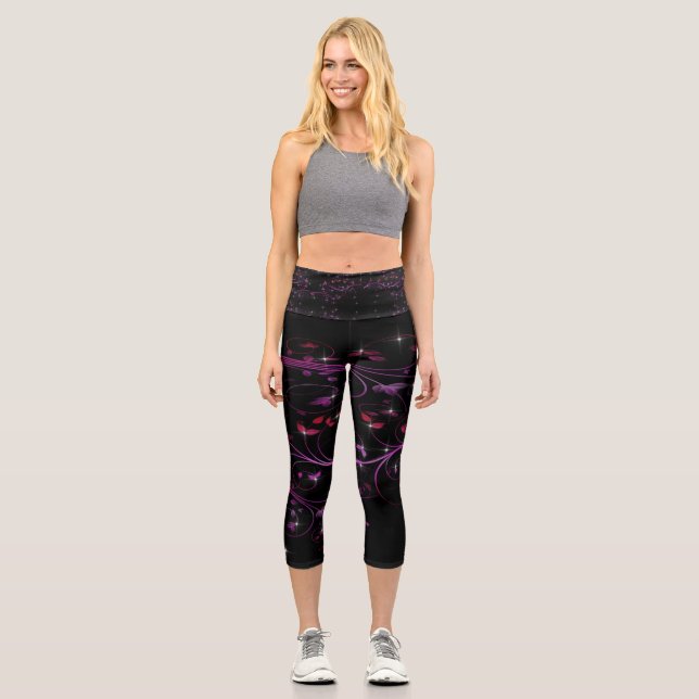 Hot Pink Flowers Capri Leggings (Front)