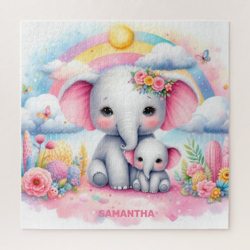 Hot pink flowers cute baby elephant and mommy jigsaw puzzle