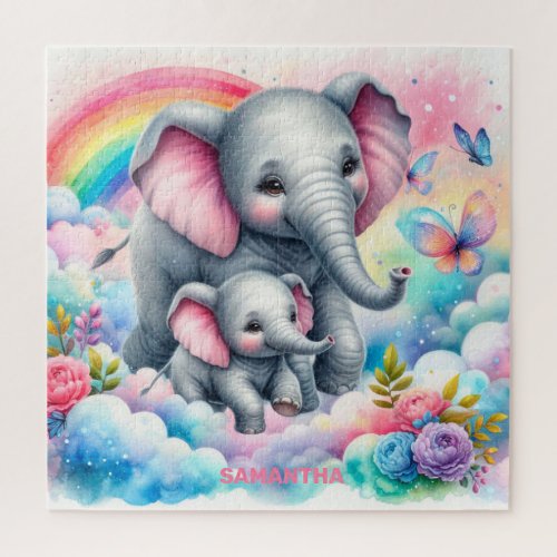 Hot pink flowers cute baby elephant and mommy jigsaw puzzle