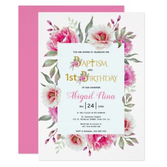 Hot pink flowers girl baptism and 1st birthday invitation
