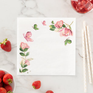 hot pink flowers green leaves butterflies  paper dinner napkins