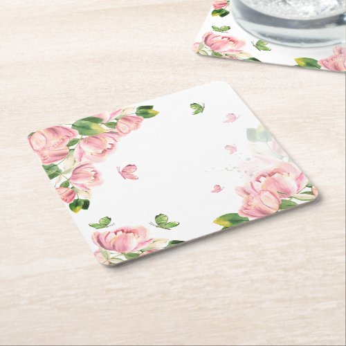 hot pink flowers green leaves butterflies square paper coaster