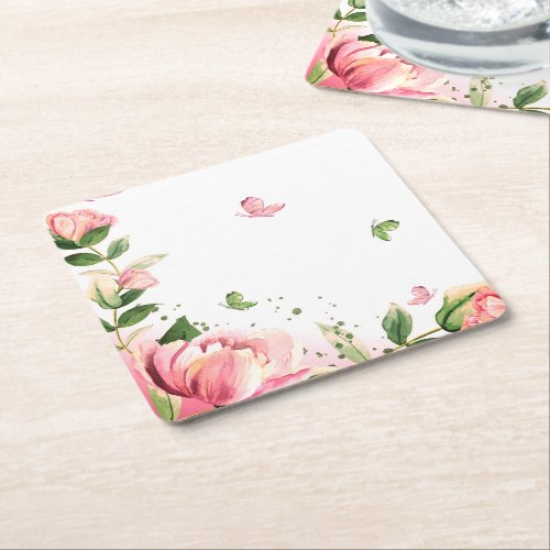 hot pink flowers green leaves butterflies square paper coaster