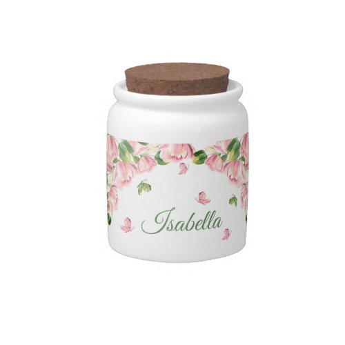 hot pink flowers green leaves butterflies wedding candy jar