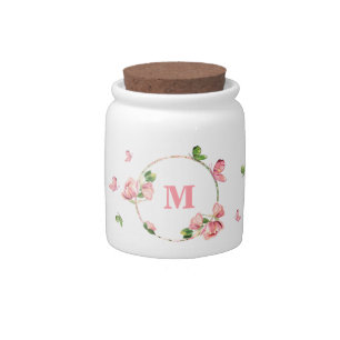 hot pink flowers green leaves butterflies wedding candy jar