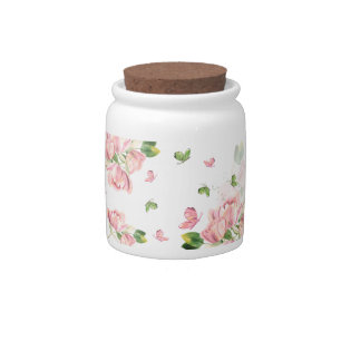hot pink flowers green leaves butterflies wedding candy jar
