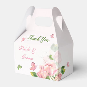 hot pink flowers green leaves butterflies wedding favor boxes